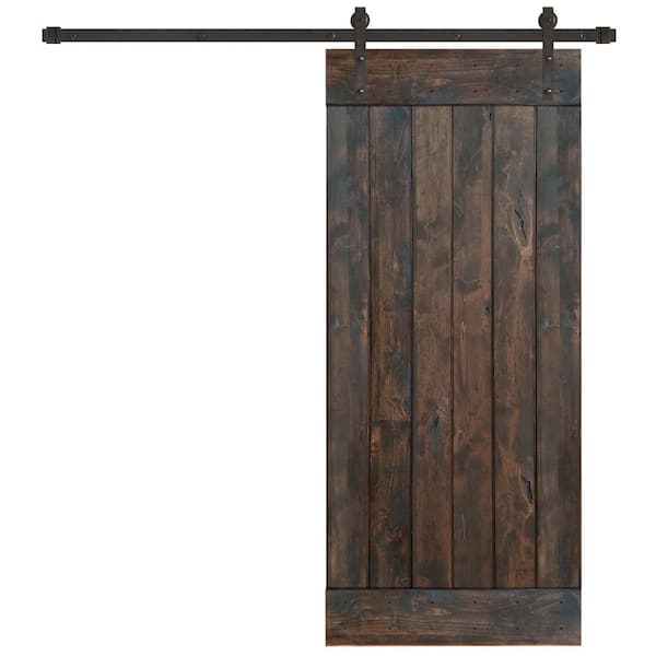 Pacific Entries 36 in. x 84 in. Rustic Espresso 1 Panel Knotty Alder Sliding Barn Door Kit with Oil Rubbed Bronze Hardware Kit