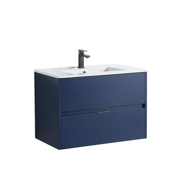 VANITYFUS 32 in. W x 18 in. D Bath Vanity in Navy Blue with Vanity Top in White with White Basin
