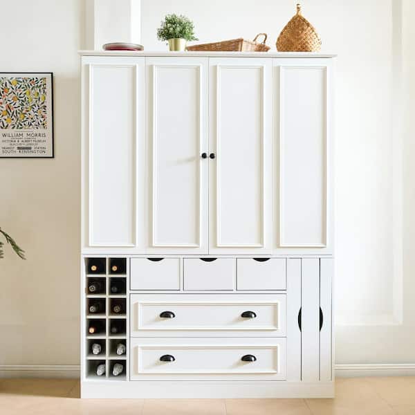 Farmhouse 71''H White Large Kitchen Pantry with 4 Foldable Doors,Power Outlet, Shelves, Wine Racks and Serving Trays