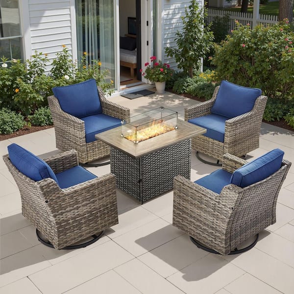 GlideRail Gray Wicker Fire Pit Conversation Set with Blue Olefin 4 in. Thick Cushions Patio Swivel Chairs (5-Piece)