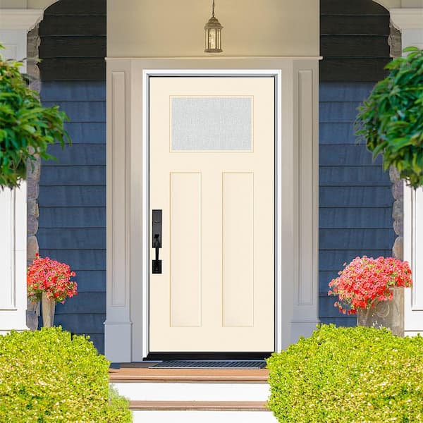 Legacy 36 in. x 80 in. 1/4 Toplite Rain Glass RHIS Primed Linen Finish Fiberglass Prehung Front Door