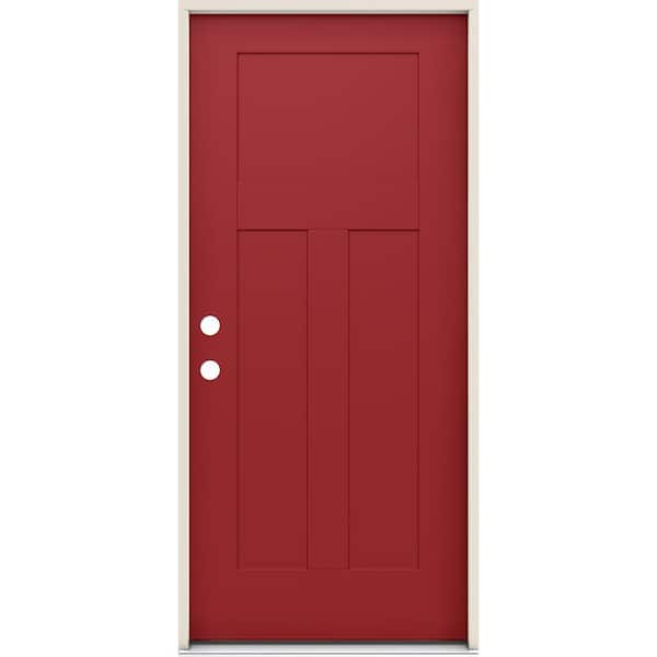 JELD-WEN 36 in. x 80 in. 3-Panel Right-Hand/Inswing Craftsman Cranberry Steel Prehung Front Door