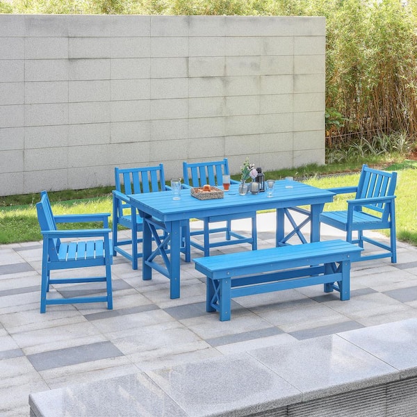 Sky Blue 6-Piece Plastic Outdoor Dining Set, Patio Dining Table