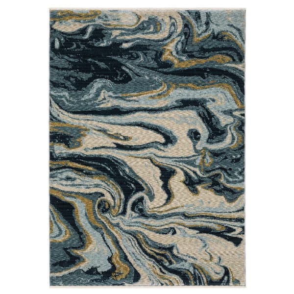 3' X 5' Navy Blue And Teal Abstract Area Rug With Fringe