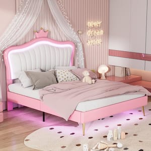 Pink Wood Frame Queen Size PU Leather Upholstered Platform Bed with Princess Crown Headboard, LED Lights, Metal Legs