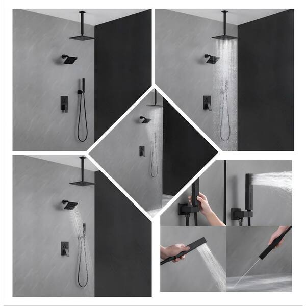 Single Handle 4-Spray Shower Faucet 1.8 GPM 10 in. Square Ceiling Mounted Shower with Pressure Balance in. Matte Black