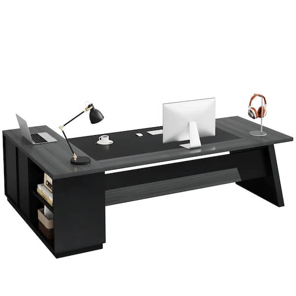 Capen 78.7 in. L Shaped Grey&Black Wood Executive Desk with 3-Drawers File Cabinet Modern Computer Desk for Home Office