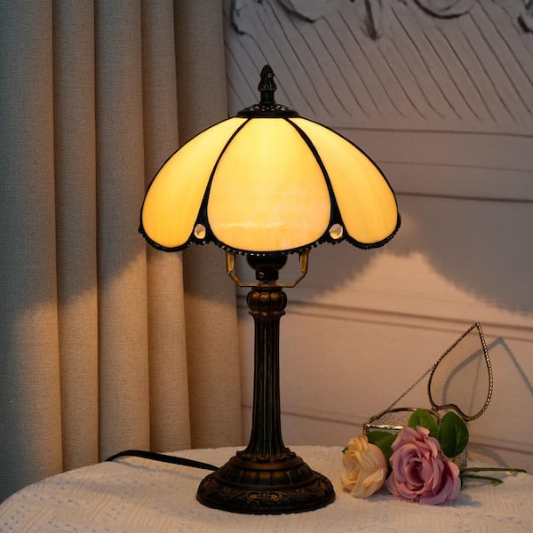 14 in. Tiffany Style Bronze Finish Table Lamp with Beige Stained Glass Lamp Shade