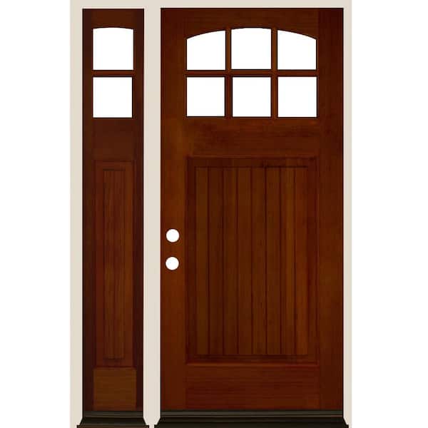 Krosswood Doors 50 in. x 80 in. V-Groove Arched 6-Lite Clear Glass Red Chestnut Stain Right Hand Hemlock Wood Prehung Front Door w/LSL