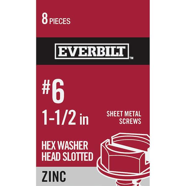 Everbilt #6 x 1-1/2 in. Zinc Plated Slotted Hex Head Sheet Metal Screw (8-Pack)