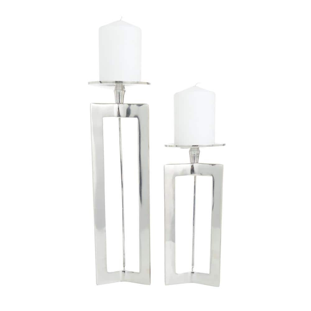 Contemporary Silver Aluminum Geometric Pillar Candle Holders, Set of 2