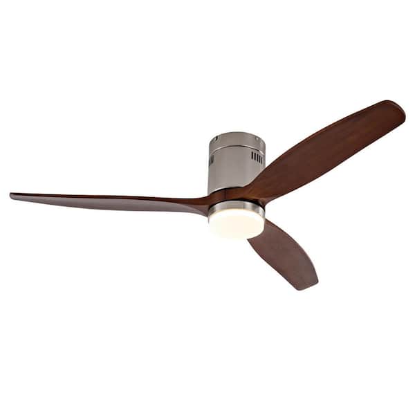 52 in. Flush Mount Standard Ceiling Fan with Light and Remote, Metal Finish Housing with Walnut Solid Wood Blades