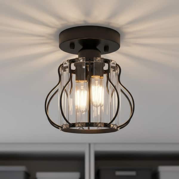 7 in. 1-Light Black Pear Crystal Mini Flush Mount Ceiling Light, Modern Clear Shade Chandelier for Hallway, Entryway