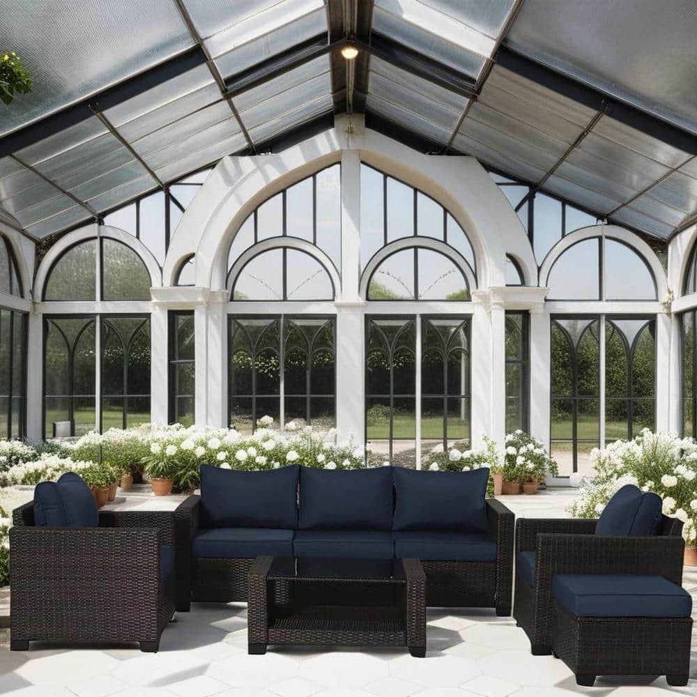 7 -Piece Brown Wicker Outdoor Conversation Sectional Set with Dark Blue Cus