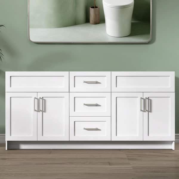 72 in. MDF Bath Vanity Cabinet without Top in White Dove Unassembled w/ 3 Drawers & 4 Doors, Soft Closing Floor Cabinet