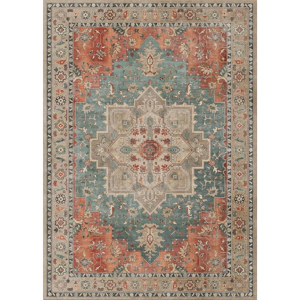 Medallion Blue Orange Beige 8 ft. x 10 ft. Persian Area Rug