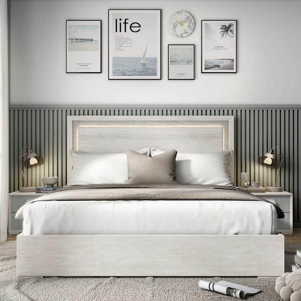 Furniture of America Bulevard White Engineered Wood Frame Full Panel Bed with LED on Headboard
