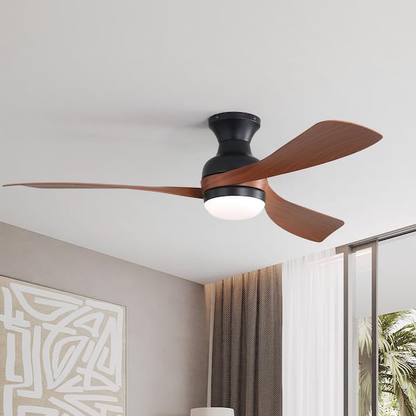 52 in. Indoor/Outdoor Integrated LED Flush Mount Black and Brown Ceiling Fan with Light and Remote