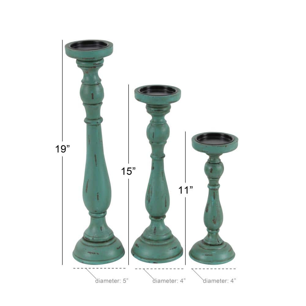 Teal Wood Fluted Pillar Candle Holders Set of 3