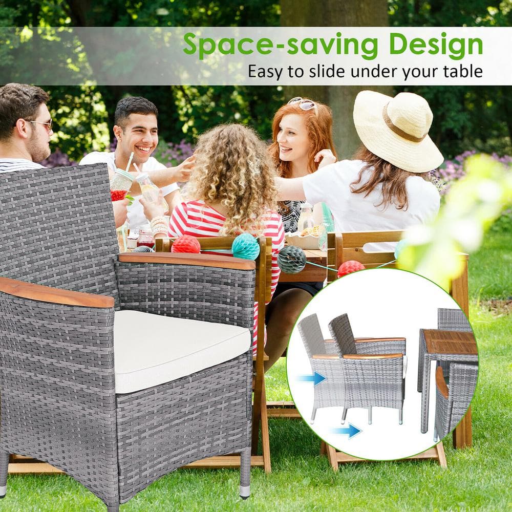 Gray and Beige 6-Person Rattan Dining Set with Acacia Wood Table