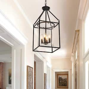 4-Light Black Lantern Chandelier with Seedy Glass Shade for Kitchen Island