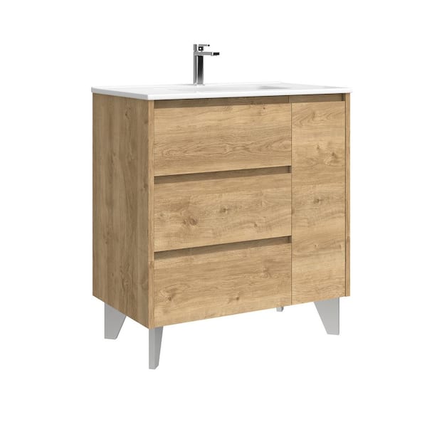 WS Bath Collections Lila 32.0 in. W Single Basin Freestanding Bath Vanity in Natural Oak with Ceramic White Top