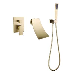 Single-Handle Wall-Mount Roman Tub Faucet with Hand Shower Modern Brass Waterfall Bathtub Filler in Brushed Gold
