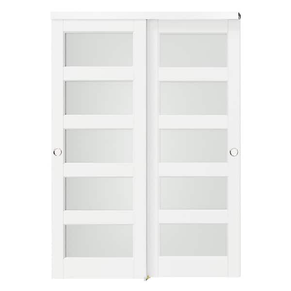 56 in. x 80 in. White, Solid Core MDF, 5 Lites, Double Frosted Glass Panel Bypass Sliding Door with Aluminium Hardware
