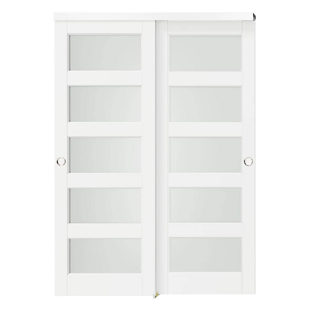 56 in. x 80 in. White, Solid Core MDF, 5 Lites, Double Frosted Glass Panel Bypass Sliding Door with Aluminium Hardware price history on PriceWatchPro