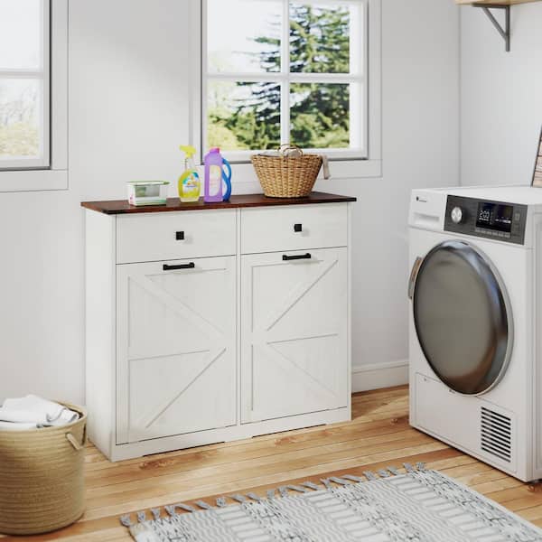 White Wood Tilt Out Trash Cabinet, Barn Door Laundry Sorter Cabinet with Hideaway Drawer for 20 Gal. Trash Cans