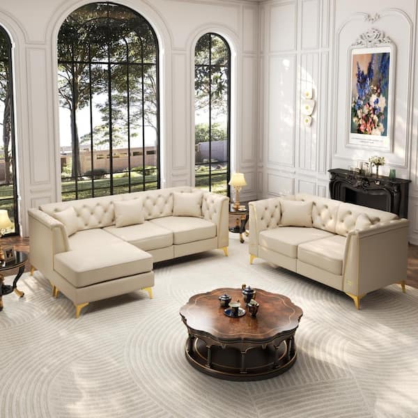 Qualler Beige 81.5 in. Rolled Arm Modular Chesterfield Sofa Set with a 3-Seater Sofa, a Loveseat Sofa, 1 Ottoman and 5 Pillows BBSFS565A