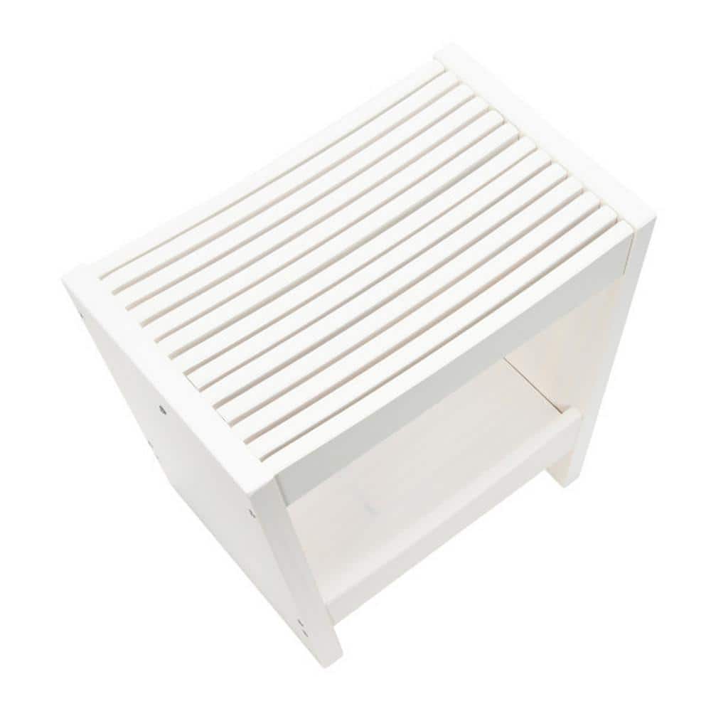 White Solid Wood Footstool with Storage Shelf