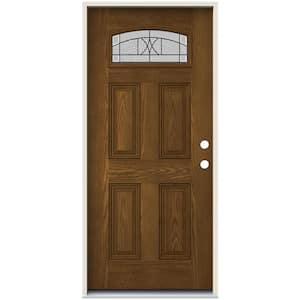 36 in. x 80 in. Left-Hand Camber Top Tryon Decorative Glass Mocha Stain Fiberglass Prehung Front Door w/Brickmould