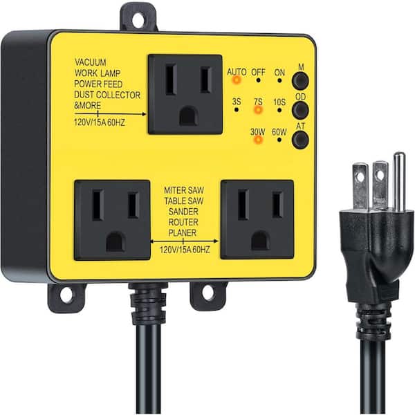 Yellow 3-Outlet Automatic Vacuum Switch with Extra Outlet-Dust Control Autoswitch Delay Vacuum On/Off
