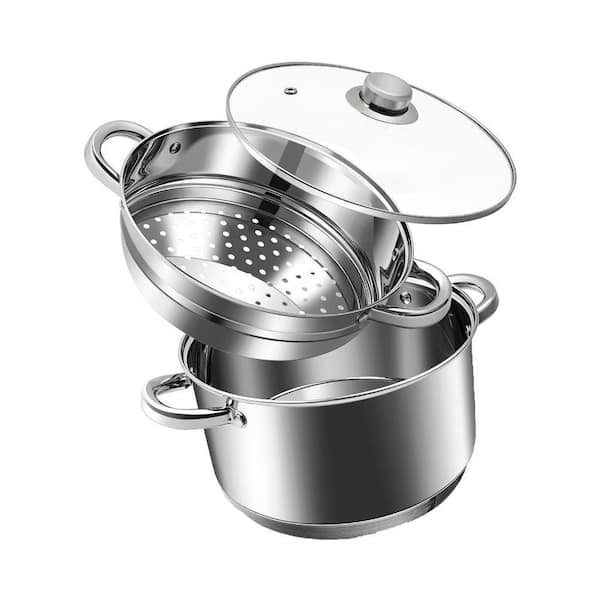 Stainless Steel Stock Pot Set, 6 qt. Capacity with Steamer Insert and Glass Lid, Compatible with Gas Electric Induction