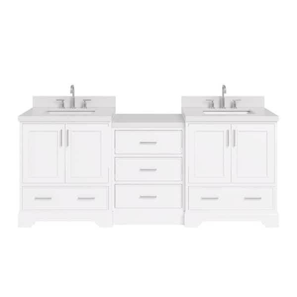 Stafford 85 in. W x 22 in. D x 36 in. H Double Sink Bath Vanity in White with Pure White Quartz Top