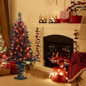 4 ft. Black Pre-Lit Artificial Christmas Tree Potted Xmas with 100 Orange LED Lights