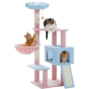 47.2 in. Blue Cute Multi-Level Flower Cat Tower Tree with Large Hammock, Sisal Scratching Posts, Cat Condo