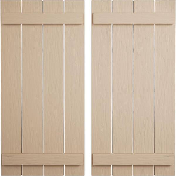 Ekena Millwork 23.5 in. x 28 in. Timberthane Polyurethane 4-Board Spaced Board-n-Batten Rough Sawn Faux Wood Shutters Pair