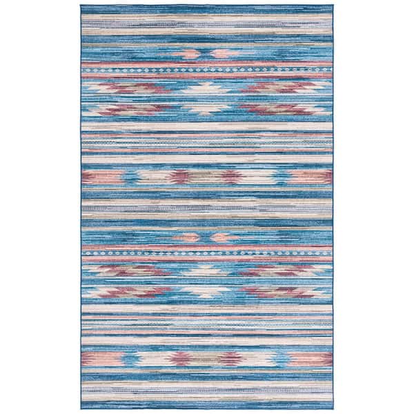 Arizona 4 ft. x 6 ft. Blue/Rust Machine Washable Striped Aztec Area Rug