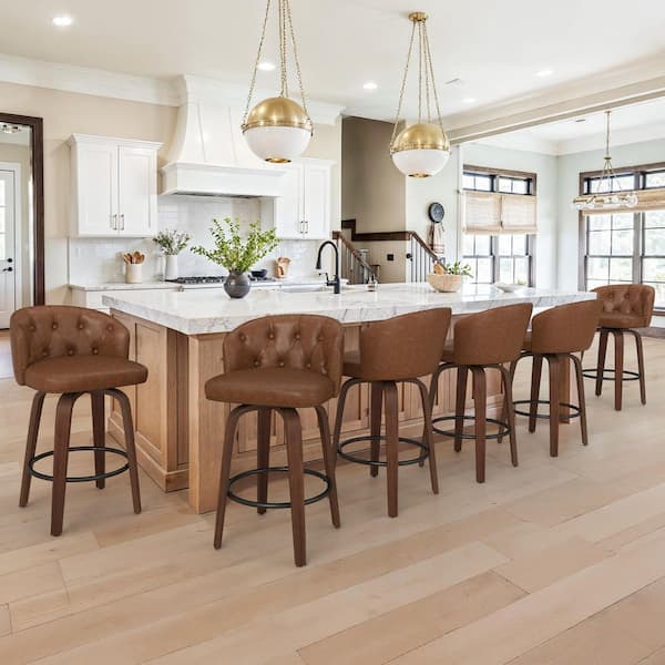 Wei 35 in. Height Brown Faux Leather Counter Height Solid Wood Leg Swivel Bar stool (Set of 6)