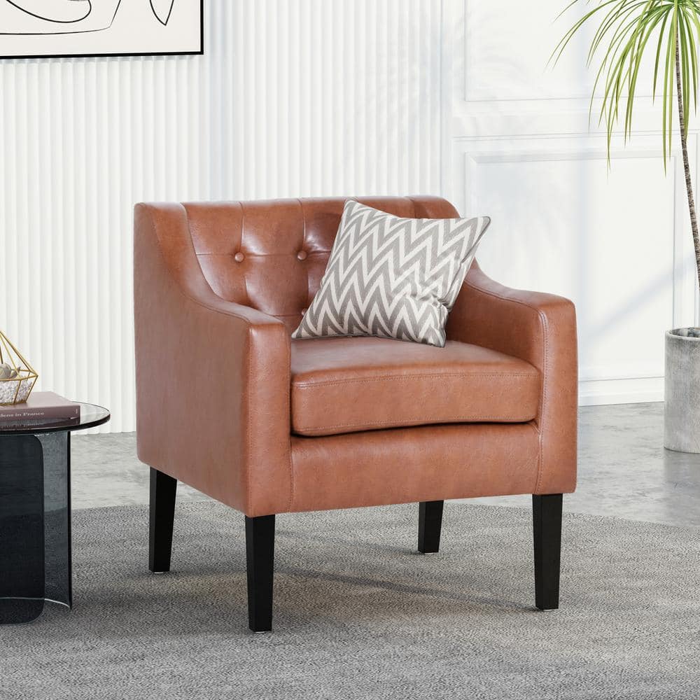 Espresso and Cognac Brown Faux Leather Accent Chair with Tufted Detail