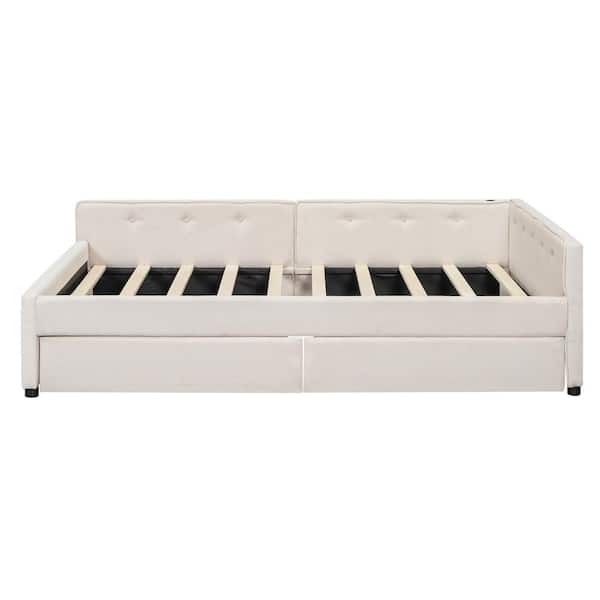 Qualler Beige Wood Frame Full Size Platform Bed with USB Port and 2 Drawers