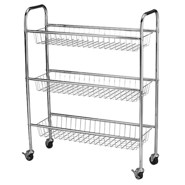 HOUSEHOLD ESSENTIALS Chrome 3-Tier Storage Cart with Wheels