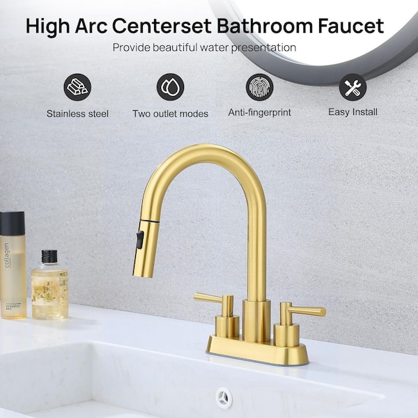 4 in. Centerset Double Handle High Arc Bathroom Sink Faucet with Pull Out Sprayer and Pop Up Drain in Brushed Gold