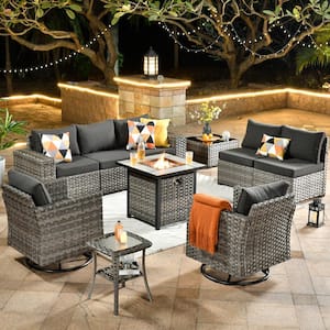 Tahoe Grey 10-Piece Wicker Swivel Rocking Outdoor Patio Conversation Sofa Set with a Fire Pit and Black Cushions