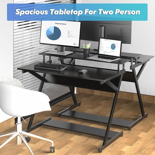 Fitueyes Computer Desk for Small Spaces,27.6 Z-Shaped Compact Study Table with Monitor & Bottom Shelves for Home Office, Black