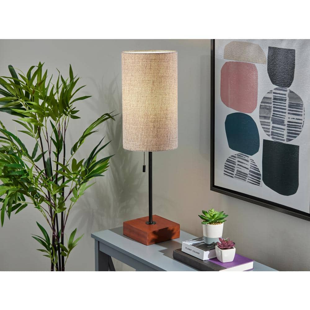 Modern Black and Walnut Table Lamp with Beige Fabric Shade