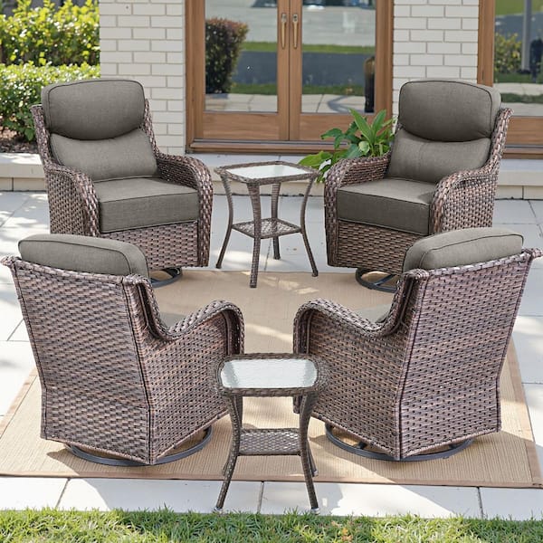 Jhxl Series 6-Piece Brown Wicker Patio Conversation Deep Seating Set with Gray Cushions