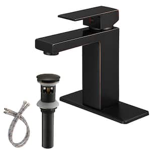Single Handle Single Hole Bathroom Faucet with Deckplate Included, Pop Up Drain, Water Supply Hoses in Oil Rubbed Bronze
